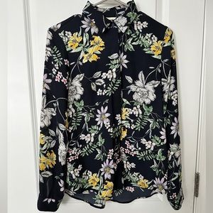 H&M Navy and Floral Long Sleeve Button Down Blouse Size 2